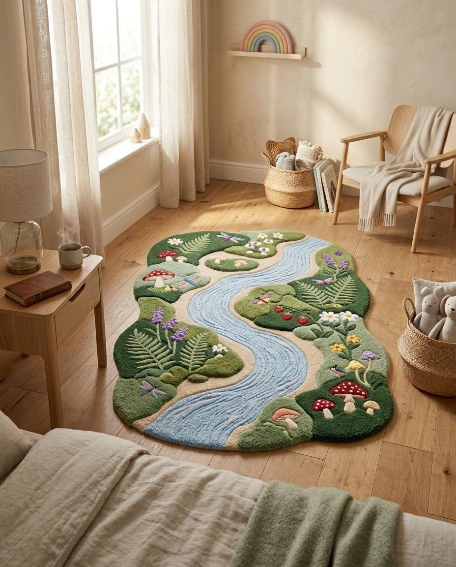 Hand Tufted River Rug | Whimsical Mushroom Area Rug | Botanical Nature Rug | Organic Shaped Wool Rug | Cottagecore Bedroom Decor | kids rug