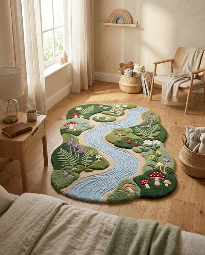 Hand Tufted River Rug | Whimsical Mushroom Area Rug | Botanical Nature Rug | Organic Shaped Wool Rug | Cottagecore Bedroom Decor | kids rug