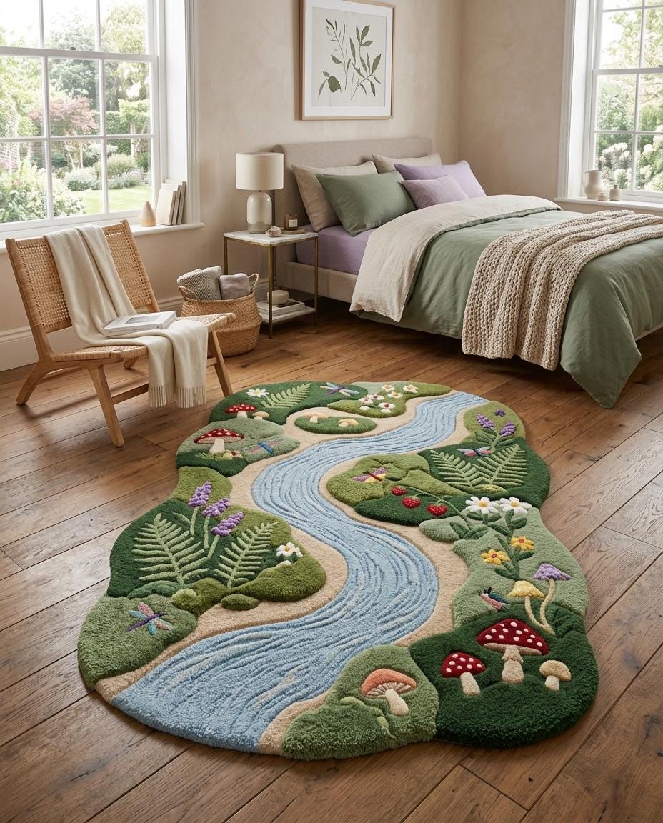 Hand Tufted River Rug | Whimsical Mushroom Area Rug | Botanical Nature Rug | Organic Shaped Wool Rug | Cottagecore Bedroom Decor | kids rug