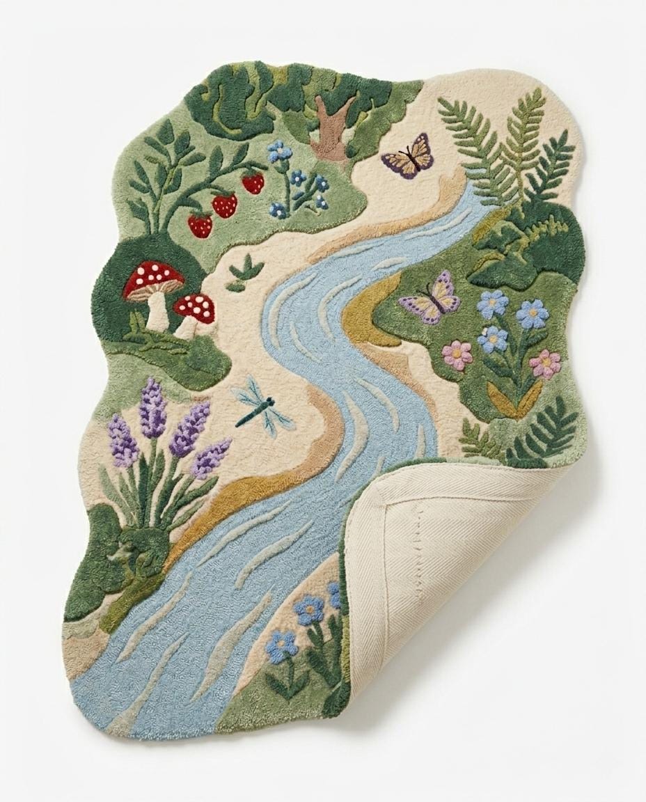 Handmade River Rug | Nature Kids Room Rug |  Tufted Woodland Area Rug | Mushroom Flower Rug | Nursery Playroom Decor Rug | rug for kids