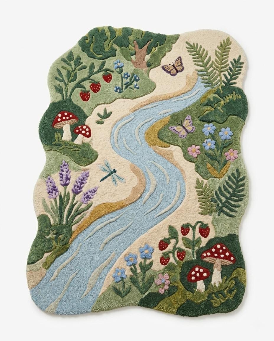 Handmade River Rug | Nature Kids Room Rug |  Tufted Woodland Area Rug | Mushroom Flower Rug | Nursery Playroom Decor Rug | rug for kids