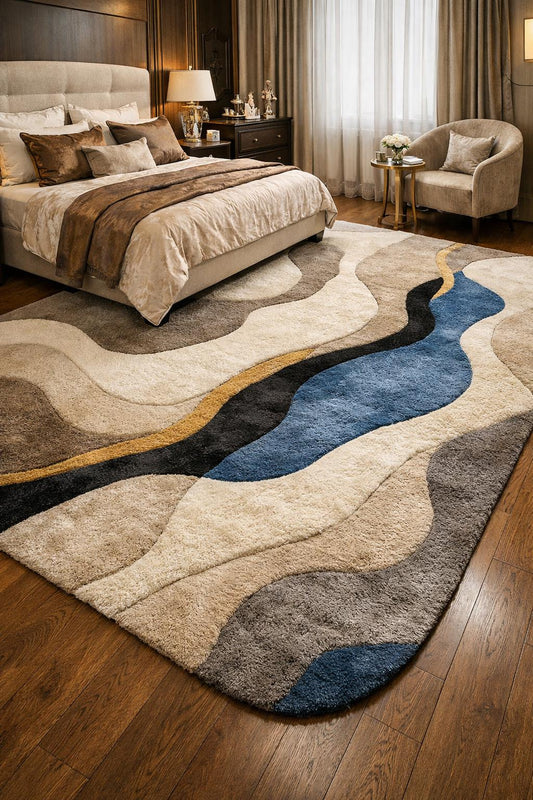 Abstract Hand Tufted Wool Rug | Modern Beige Blue Area Rug | Luxury Bedroom Rug |Custom Size Handmade Rug | Contemporary Wave Design Carpet