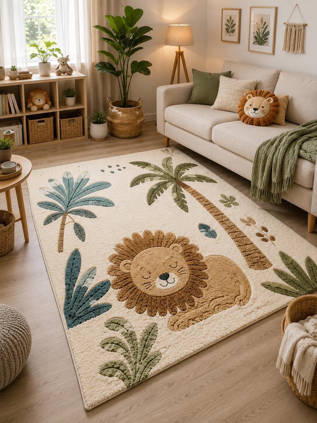 Hand Tufted New Zealand Wool Lion Kids Rug | Safari Nursery Rug | Jungle Play Mat | Neutral Boho Nursery Decor | Luxury Handmade Animal rug