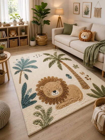 Hand Tufted New Zealand Wool Lion Kids Rug | Safari Nursery Rug | Jungle Play Mat | Neutral Boho Nursery Decor | Luxury Handmade Animal rug