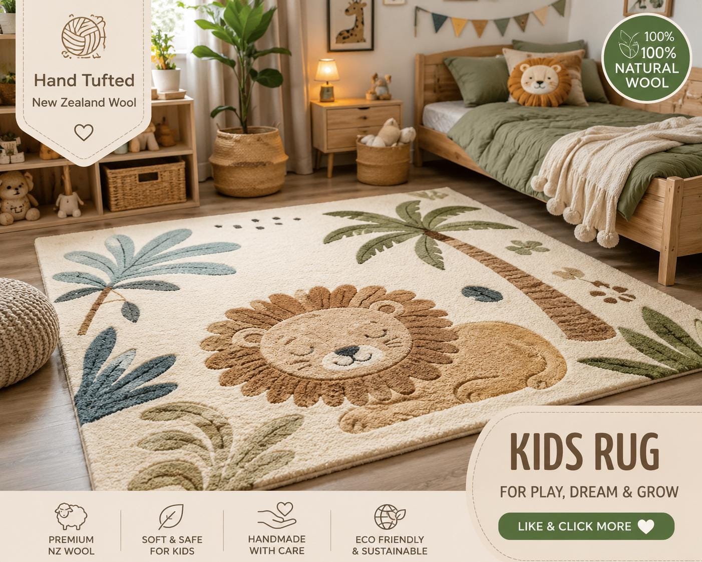 Hand Tufted New Zealand Wool Lion Kids Rug | Safari Nursery Rug | Jungle Play Mat | Neutral Boho Nursery Decor | Luxury Handmade Animal rug