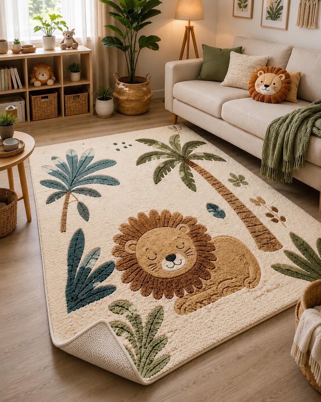Hand Tufted New Zealand Wool Lion Kids Rug | Safari Nursery Rug | Jungle Play Mat | Neutral Boho Nursery Decor | Luxury Handmade Animal rug