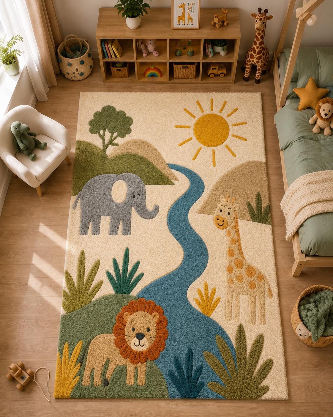 Hand Tufted Safari Nursery Rug | Premium New Zealand Wool Jungle Kids Room Carpet | 3D Textured Lion Playroom Mat | Custom Colours & Sizes