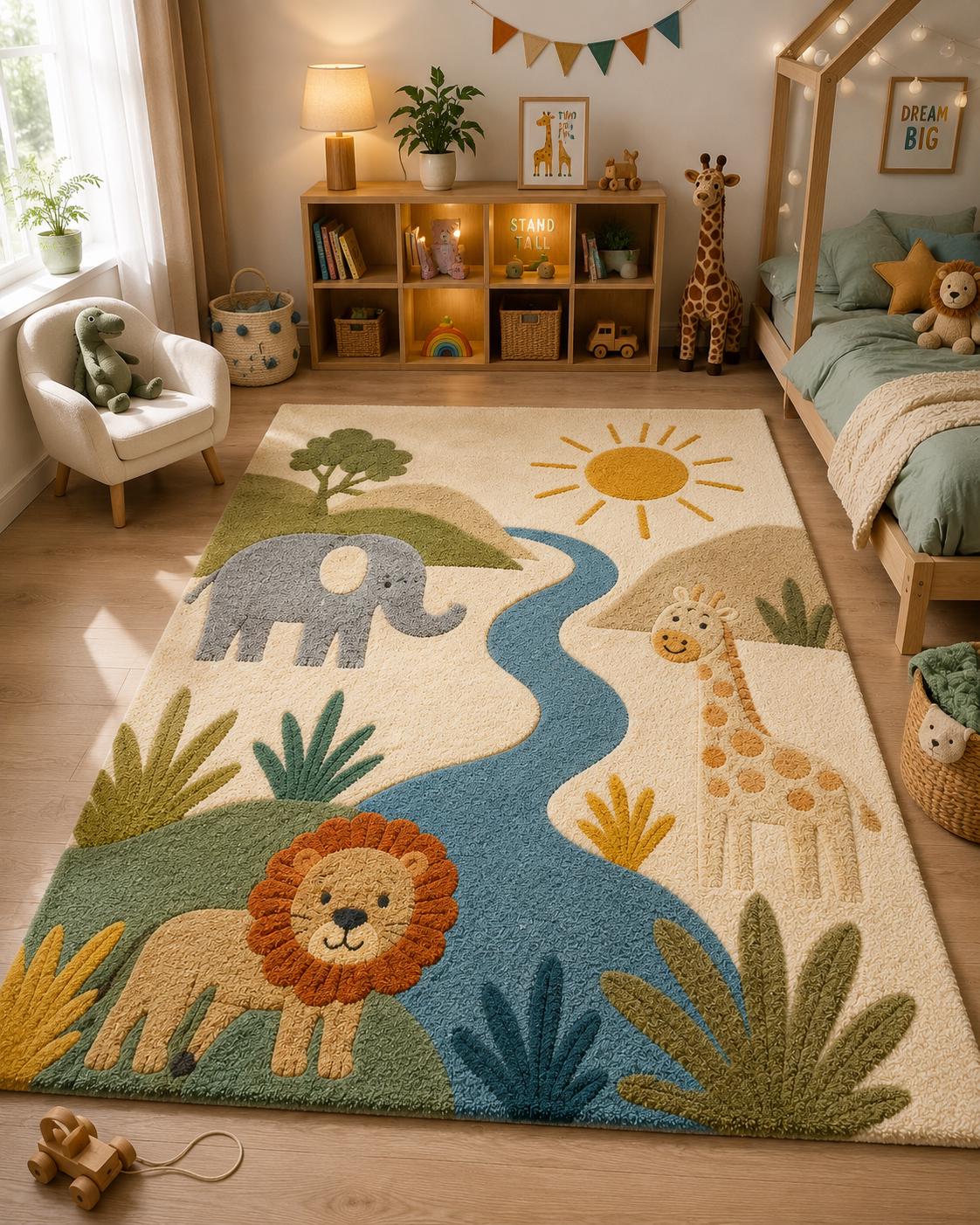Hand Tufted Safari Nursery Rug | Premium New Zealand Wool Jungle Kids Room Carpet | 3D Textured Lion Playroom Mat | Custom Colours & Sizes