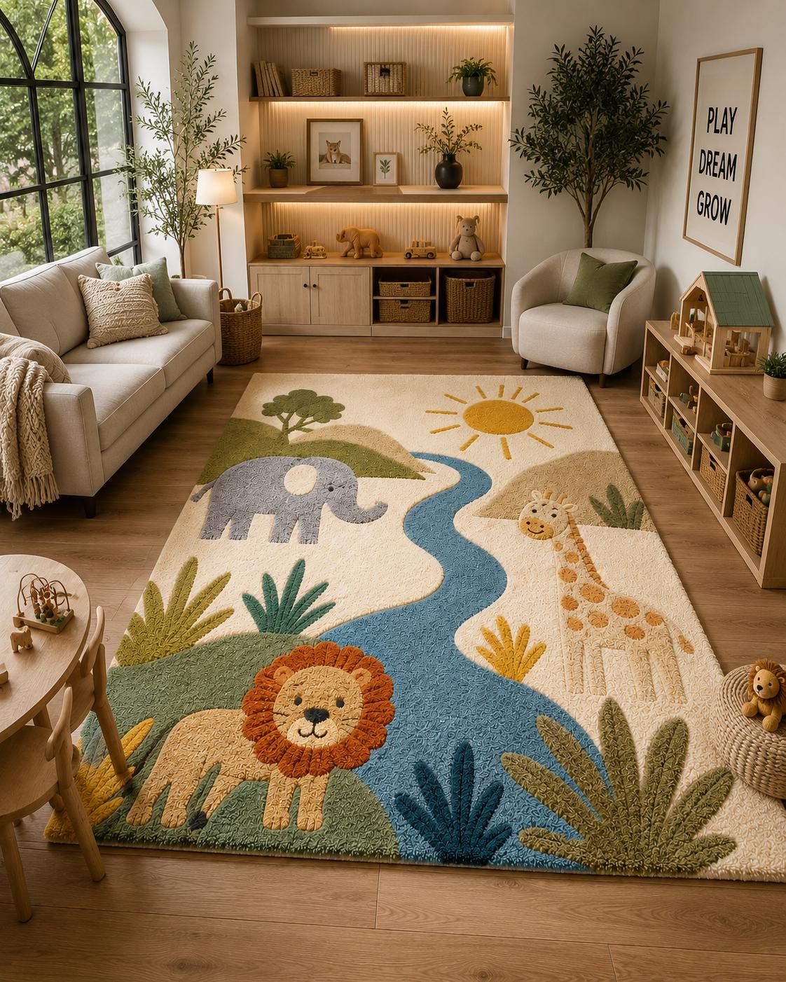 Hand Tufted Safari Nursery Rug | Premium New Zealand Wool Jungle Kids Room Carpet | 3D Textured Lion Playroom Mat | Custom Colours & Sizes