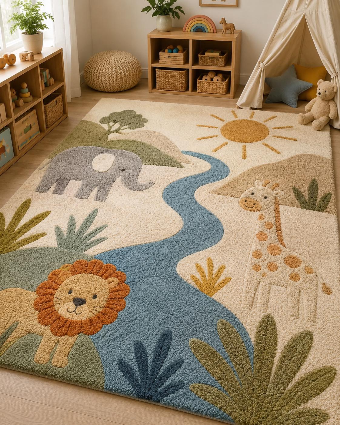 Hand Tufted Safari Nursery Rug | Premium New Zealand Wool Jungle Kids Room Carpet | 3D Textured Lion Playroom Mat | Custom Colours & Sizes