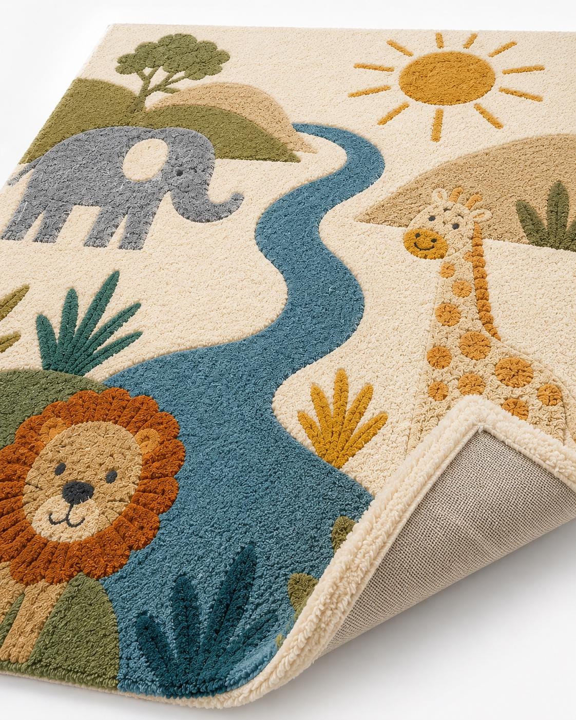 Hand Tufted Safari Nursery Rug | Premium New Zealand Wool Jungle Kids Room Carpet | 3D Textured Lion Playroom Mat | Custom Colours & Sizes