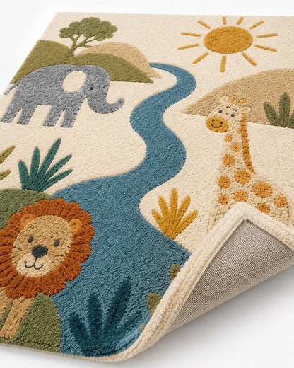 Hand Tufted Safari Nursery Rug | Premium New Zealand Wool Jungle Kids Room Carpet | 3D Textured Lion Playroom Mat | Custom Colours & Sizes