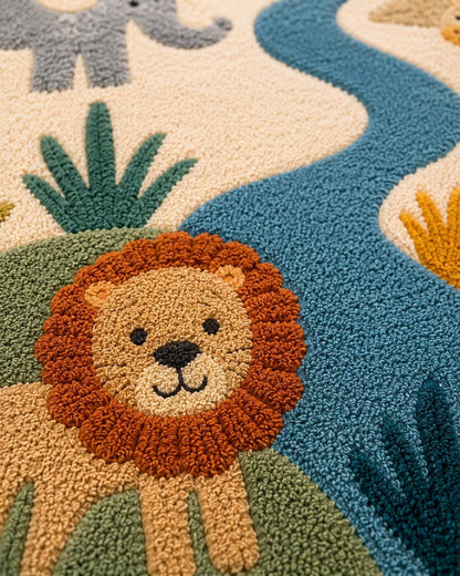 Hand Tufted Safari Nursery Rug | Premium New Zealand Wool Jungle Kids Room Carpet | 3D Textured Lion Playroom Mat | Custom Colours & Sizes