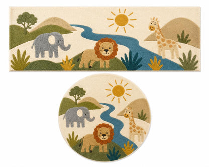 Hand Tufted Safari Nursery Rug | Premium New Zealand Wool Jungle Kids Room Carpet | 3D Textured Lion Playroom Mat | Custom Colours & Sizes