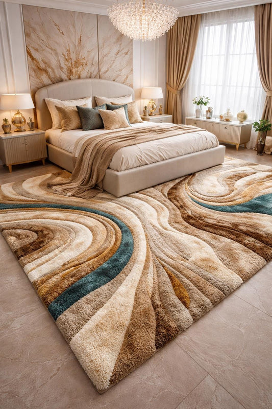 Luxury Hand Tufted Wool Rug | Abstract Beige Brown Teal Area Rug | Modern Bedroom Carpet | Contemporary Cut Pile Rug | Custom 8x10  9x10 rug