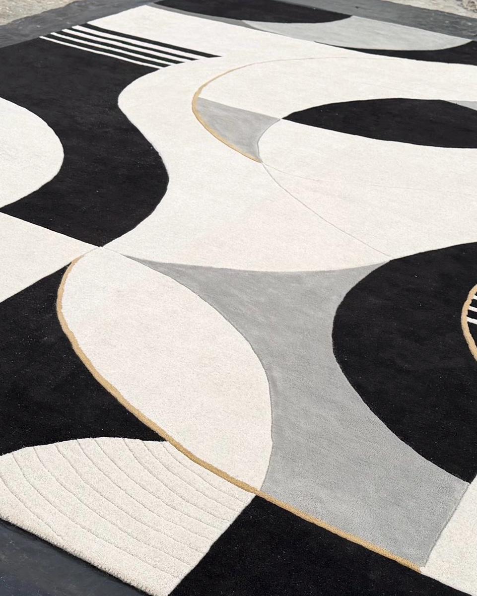 Luxury Black and White Abstract Rug | Modern Minimalist Area Rug | High Pile Plush Contemporary Carpet | Designer Living Room Statement Rug