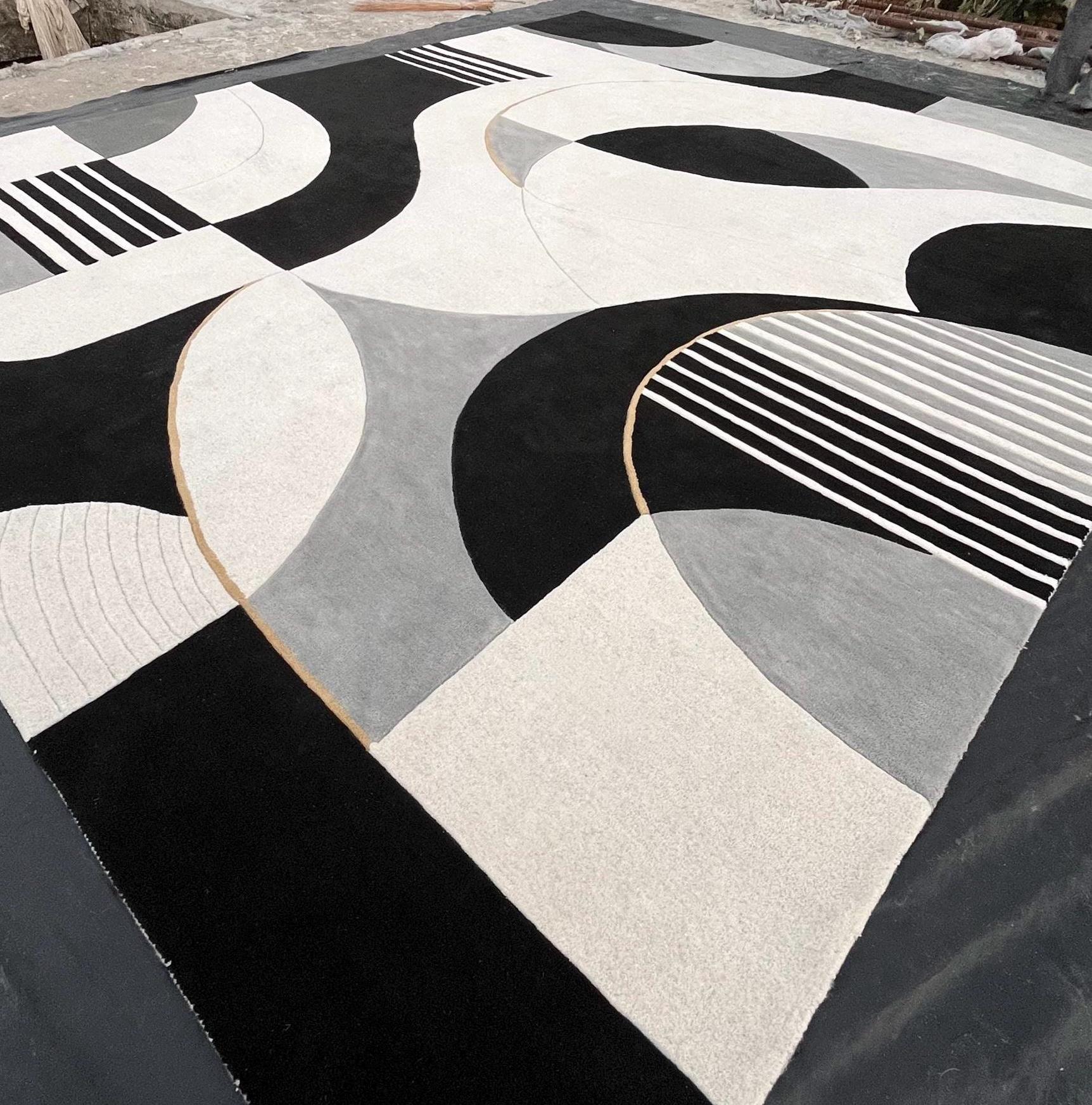 Luxury Black and White Abstract Rug | Modern Minimalist Area Rug | High Pile Plush Contemporary Carpet | Designer Living Room Statement Rug