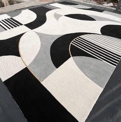 Luxury Black and White Abstract Rug | Modern Minimalist Area Rug | High Pile Plush Contemporary Carpet | Designer Living Room Statement Rug