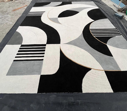 Luxury Black and White Abstract Rug | Modern Minimalist Area Rug | High Pile Plush Contemporary Carpet | Designer Living Room Statement Rug