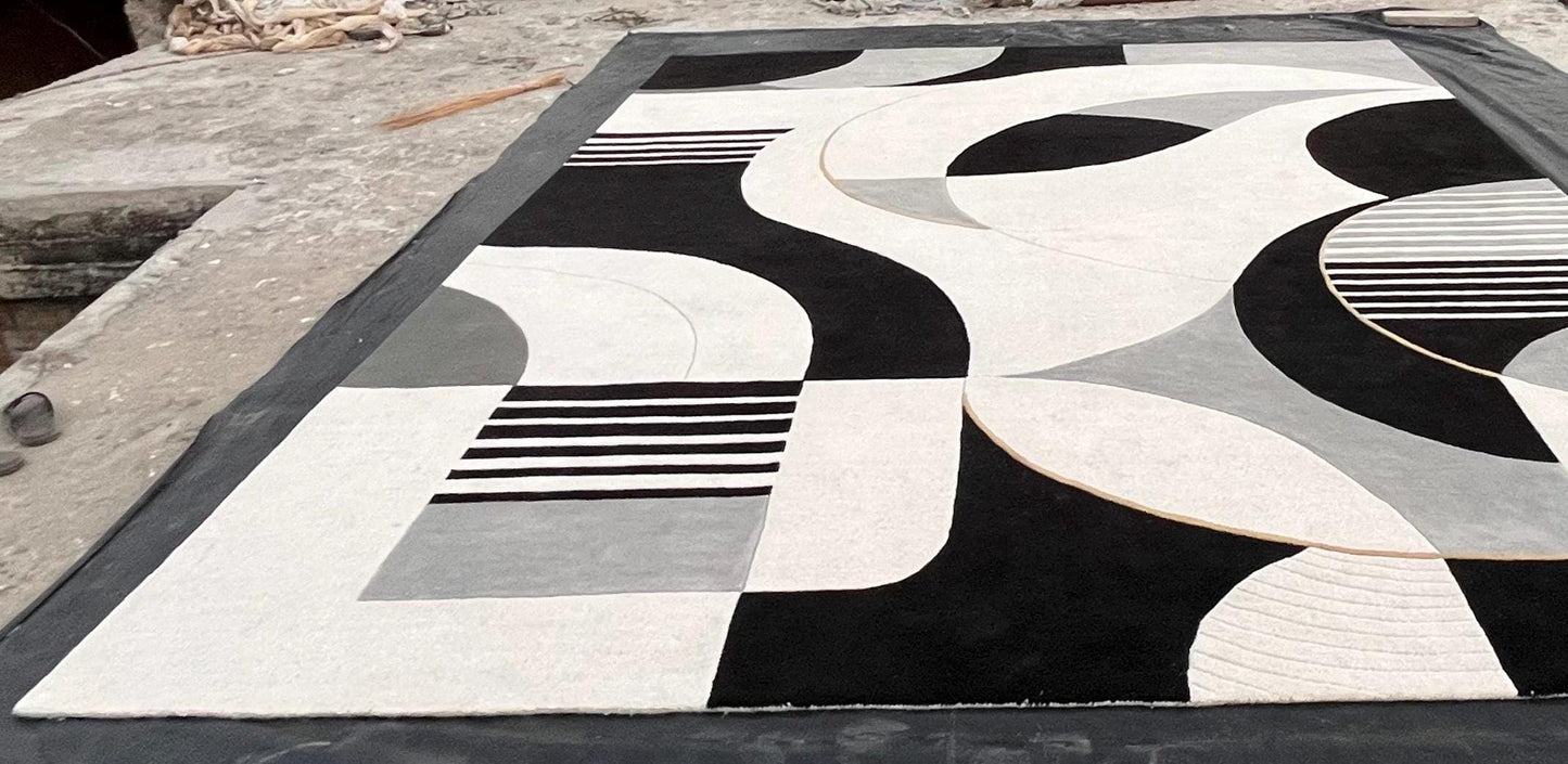 Luxury Black and White Abstract Rug | Modern Minimalist Area Rug | High Pile Plush Contemporary Carpet | Designer Living Room Statement Rug