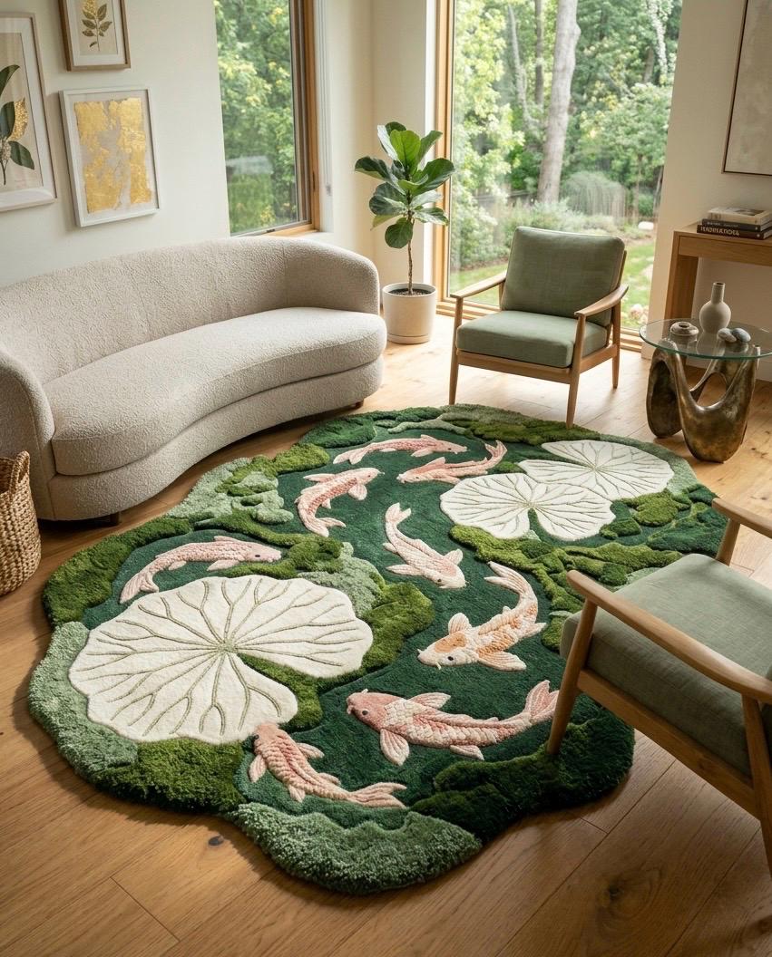 Luxury Koi Pond Rug | Handmade Tufted Wool Rug | Lily Pad Area Rug | Organic Modern Home Decor | Unique Fish Pond Rug | luxury home decor