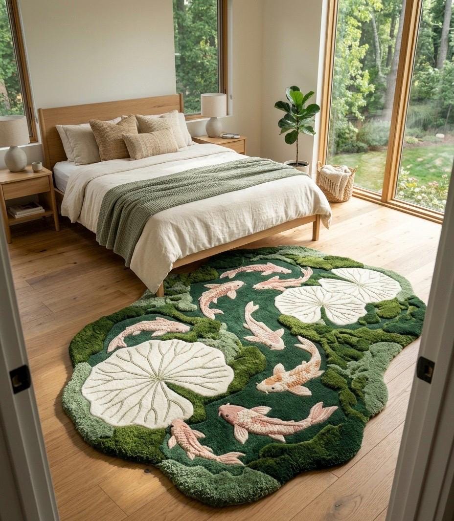 Luxury Koi Pond Rug | Handmade Tufted Wool Rug | Lily Pad Area Rug | Organic Modern Home Decor | Unique Fish Pond Rug | luxury home decor