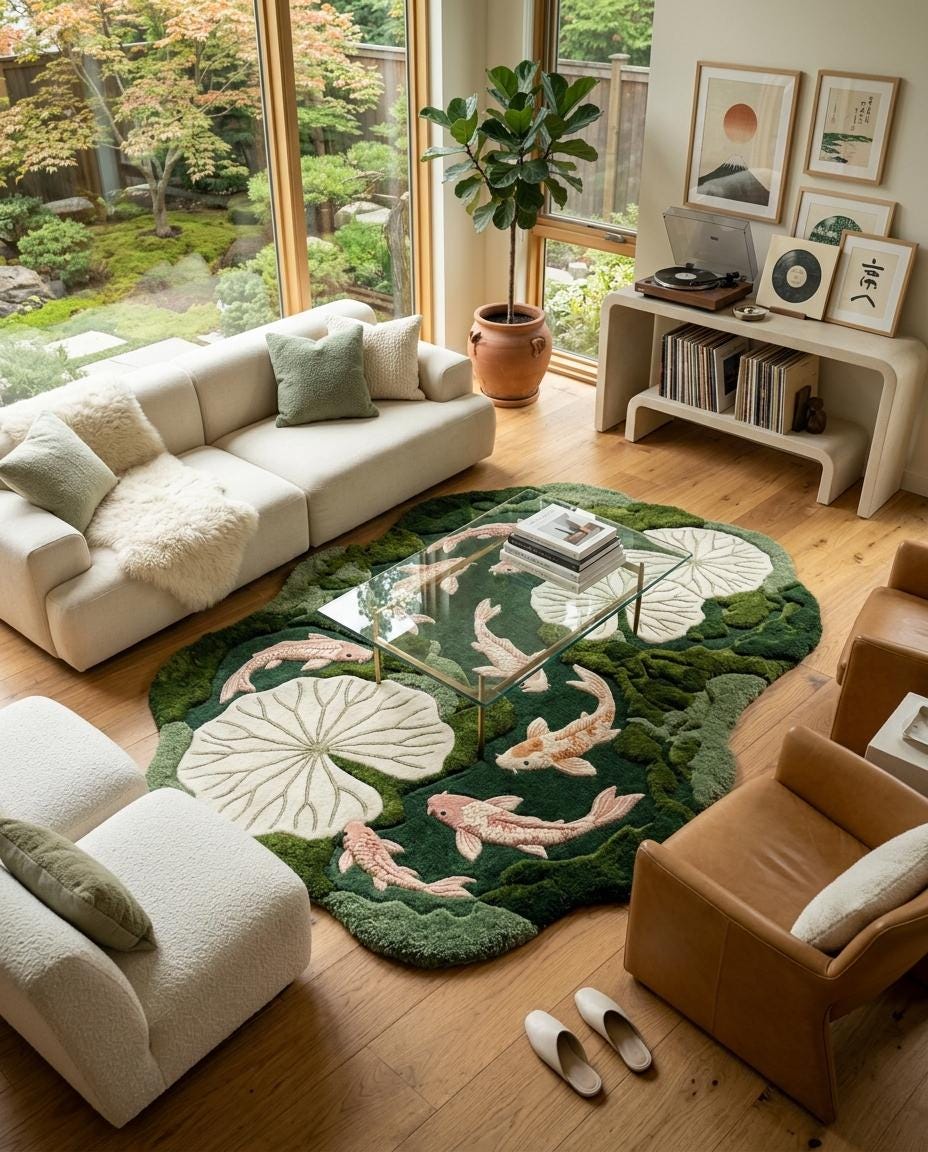 Luxury Koi Pond Rug | Handmade Tufted Wool Rug | Lily Pad Area Rug | Organic Modern Home Decor | Unique Fish Pond Rug | luxury home decor