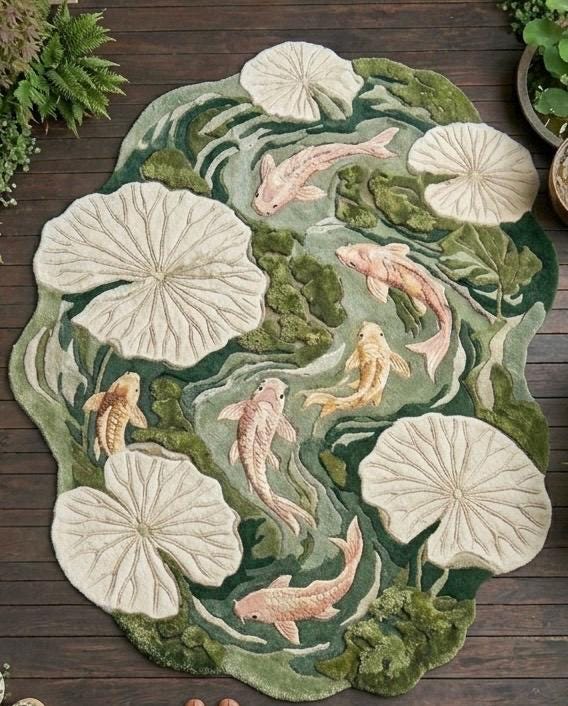 Luxury Koi Fish Pond Rug | Handmade Tufted Wool Area Rug | Irregular Lotus Lily Pad Rug | Japanese Nature Rug| Custom Moss Green Rug