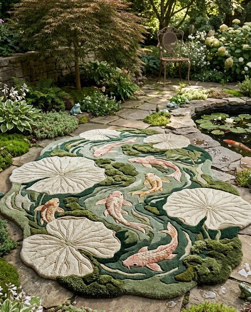 Luxury Koi Fish Pond Rug | Handmade Tufted Wool Area Rug | Irregular Lotus Lily Pad Rug | Japanese Nature Rug| Custom Moss Green Rug