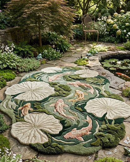 Luxury Koi Fish Pond Rug | Handmade Tufted Wool Area Rug | Irregular Lotus Lily Pad Rug | Japanese Nature Rug| Custom Moss Green Rug