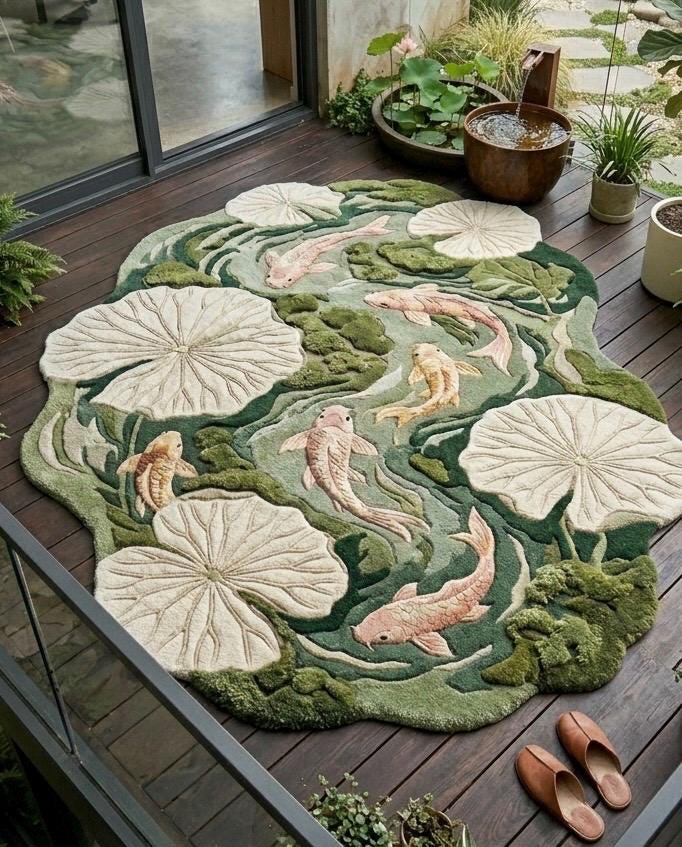Luxury Koi Fish Pond Rug | Handmade Tufted Wool Area Rug | Irregular Lotus Lily Pad Rug | Japanese Nature Rug| Custom Moss Green Rug