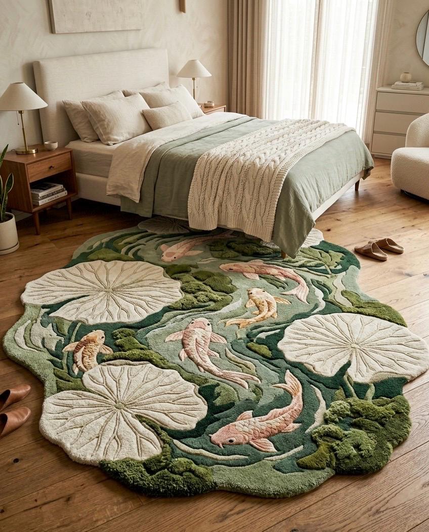 Luxury Koi Fish Pond Rug | Handmade Tufted Wool Area Rug | Irregular Lotus Lily Pad Rug | Japanese Nature Rug| Custom Moss Green Rug