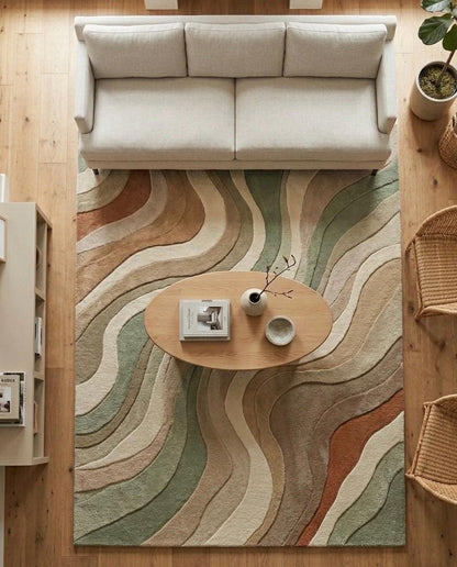 Hand Tufted Wool Rug | Modern Abstract Area Rug | Sage Green Beige Terracotta Rug | Organic Wave Rug | Scandinavian Living Room Rug | 9x12