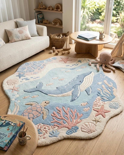 Whale Nursery Rug | Ocean Kids Rug | Sea Life Tufted Rug | Coastal Baby Room Decor | Handmade Area Rug