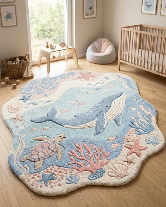 Whale Nursery Rug | Ocean Kids Rug | Sea Life Tufted Rug | Coastal Baby Room Decor | Handmade Area Rug