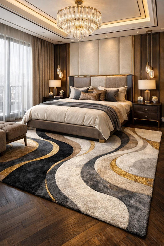 Luxury Abstract Hand Tufted Wool Rug | Modern Black Gold Cream Area Rug | Designer Bedroom Rug | Contemporary Handmade Carpet, 6x9 8x10 9x12
