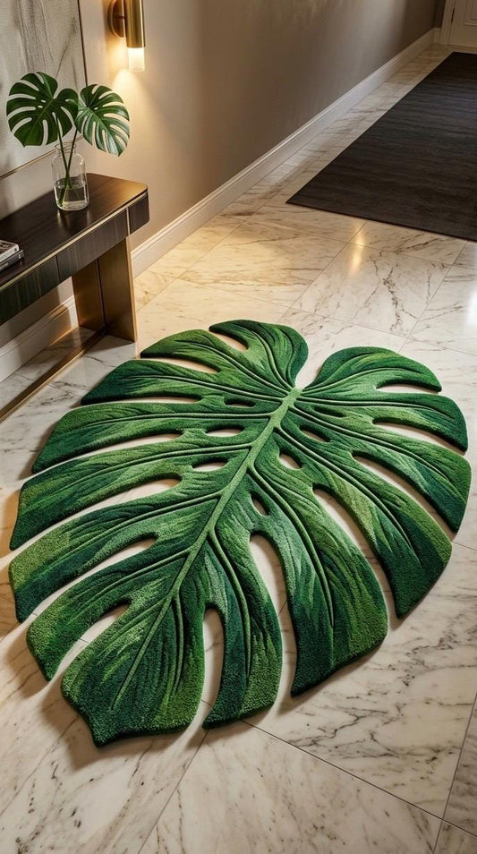 Monstera Leaf Rug | Hand Tufted Wool Rug |Botanical Green Area Rug | Organic Shape Rug | Luxury Statement Rug | Modern Tropical Home Decor