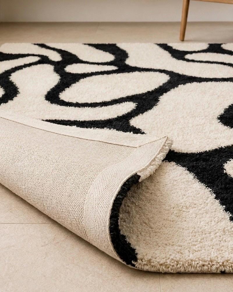 Lxuury Hand Tufted Black and White Abstract Rug | Organic Modern Wool Area Rug | Custom Size Tufted Rug for Living Room