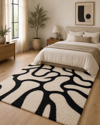 Lxuury Hand Tufted Black and White Abstract Rug | Organic Modern Wool Area Rug | Custom Size Tufted Rug for Living Room
