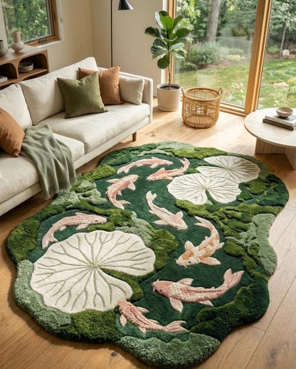 Luxury Koi Pond Rug | Handmade Tufted Wool Rug | Lily Pad Area Rug | Organic Modern Home Decor | Unique Fish Pond Rug | luxury home decor