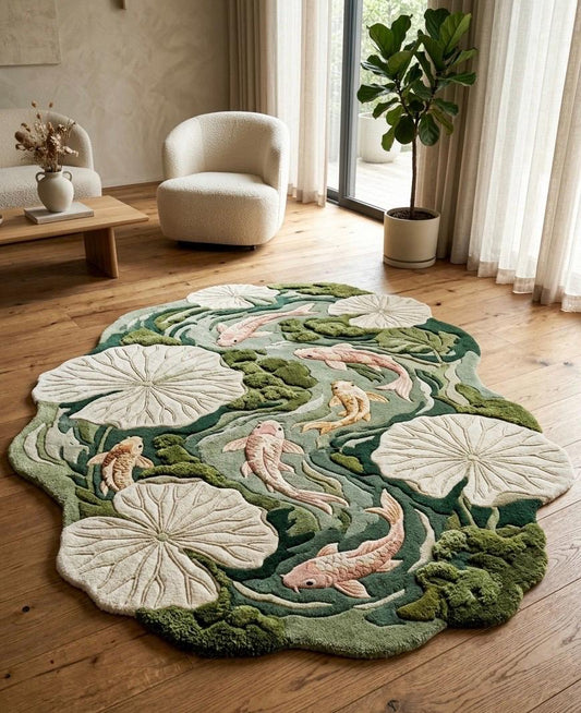 Luxury Koi Fish Pond Rug | Handmade Tufted Wool Area Rug | Irregular Lotus Lily Pad Rug | Japanese Nature Rug| Custom Moss Green Rug