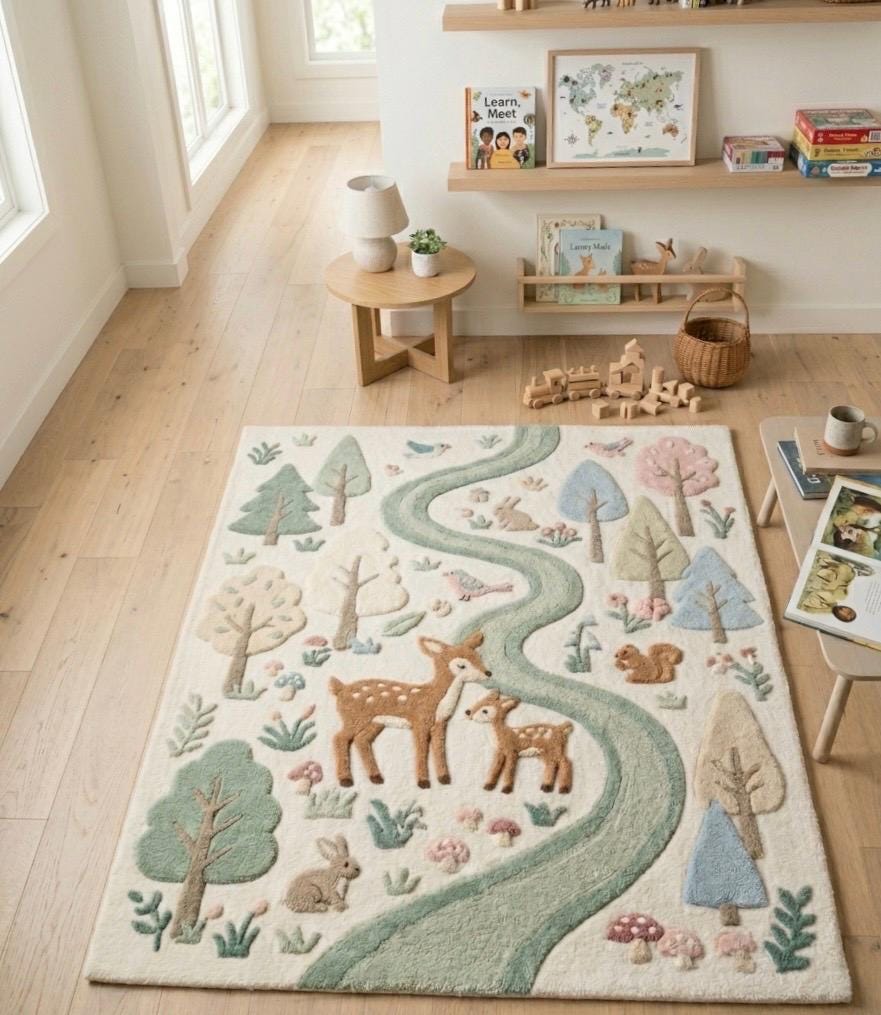 Woodland Animal Nursery Rug | Deer Forest Kids Rug | Tufted Nursery Carpet | Pastel Woodland Decor | Baby Room Area Rug | Handmade Kids Rug