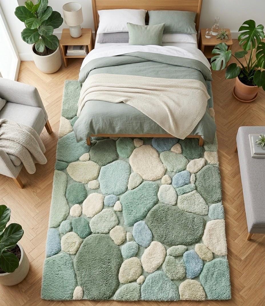 Luxury Pebble Area Rug | Handmade Hand Tufted Wool Rug | Sage Green Modern Stone Rug | Soft Plush Living Room Carpet | Custom Size Rug