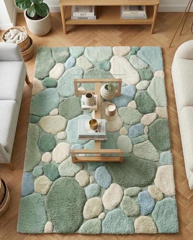 Luxury Pebble Area Rug | Handmade Hand Tufted Wool Rug | Sage Green Modern Stone Rug | Soft Plush Living Room Carpet | Custom Size Rug