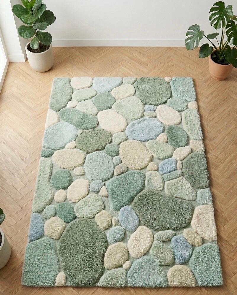 Luxury Pebble Area Rug | Handmade Hand Tufted Wool Rug | Sage Green Modern Stone Rug | Soft Plush Living Room Carpet | Custom Size Rug