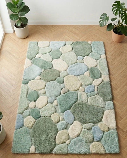Luxury Pebble Area Rug | Handmade Hand Tufted Wool Rug | Sage Green Modern Stone Rug | Soft Plush Living Room Carpet | Custom Size Rug