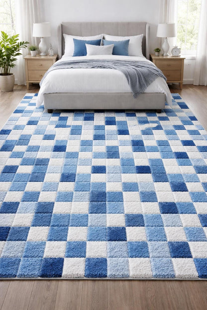 Blue Checkered Area Rug | Modern Checkerboard Bedroom Rug | Soft Plush Shag Carpet | Scandinavian Farmhouse Decor | Large Living Room Rug