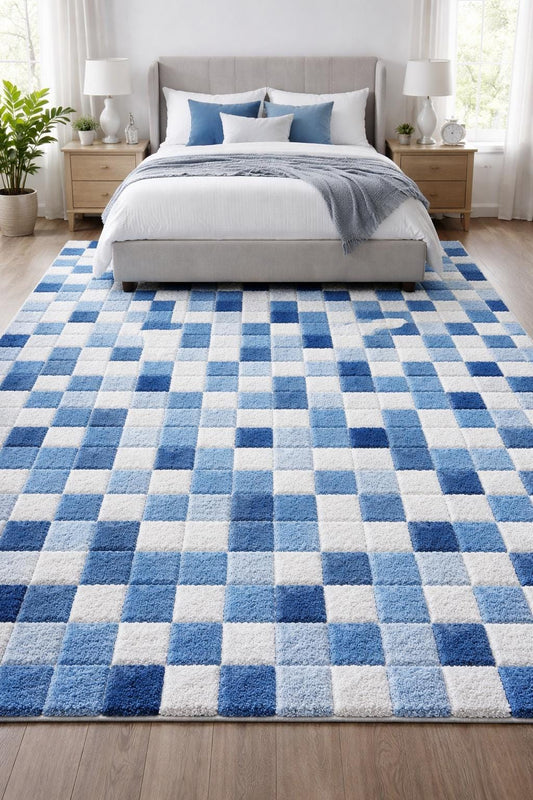 Blue Checkered Area Rug | Modern Checkerboard Bedroom Rug | Soft Plush Shag Carpet | Scandinavian Farmhouse Decor | Large Living Room Rug