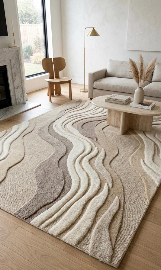 Luxury Hand Tufted Wool Rug | 3D High Low Sculpted Abstract Rug | Neutral Beige Ivory Modern Area Rug | Organic Wave Texture Carpet |