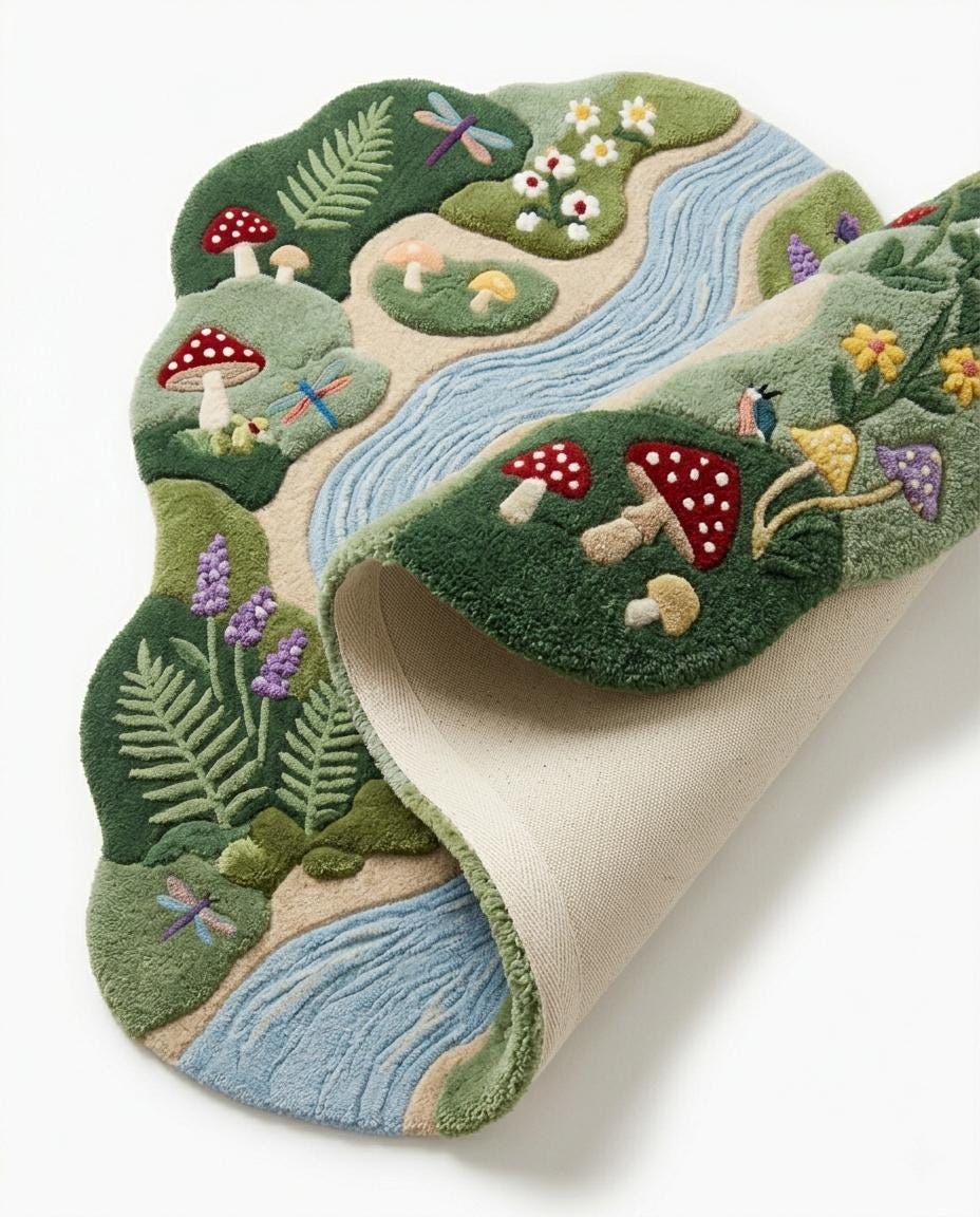 Hand Tufted River Rug | Whimsical Mushroom Area Rug | Botanical Nature Rug | Organic Shaped Wool Rug | Cottagecore Bedroom Decor | kids rug